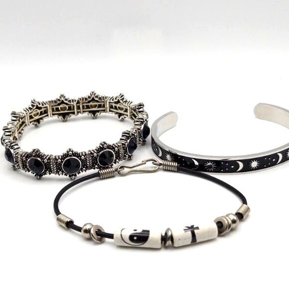 Variety Set of 3 Silvertone Bracelets - Cord with Beads, Celestial Cuff, Stretch - Picture 1 of 7
